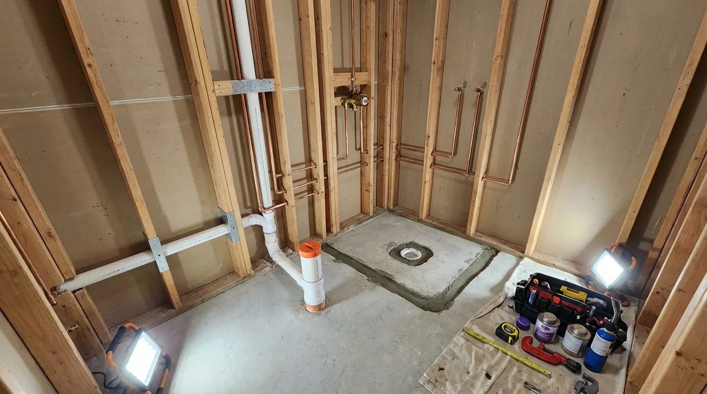 Bathroom rough-in plumbing during remodel by Johns Plumbing LLC in Ephrata