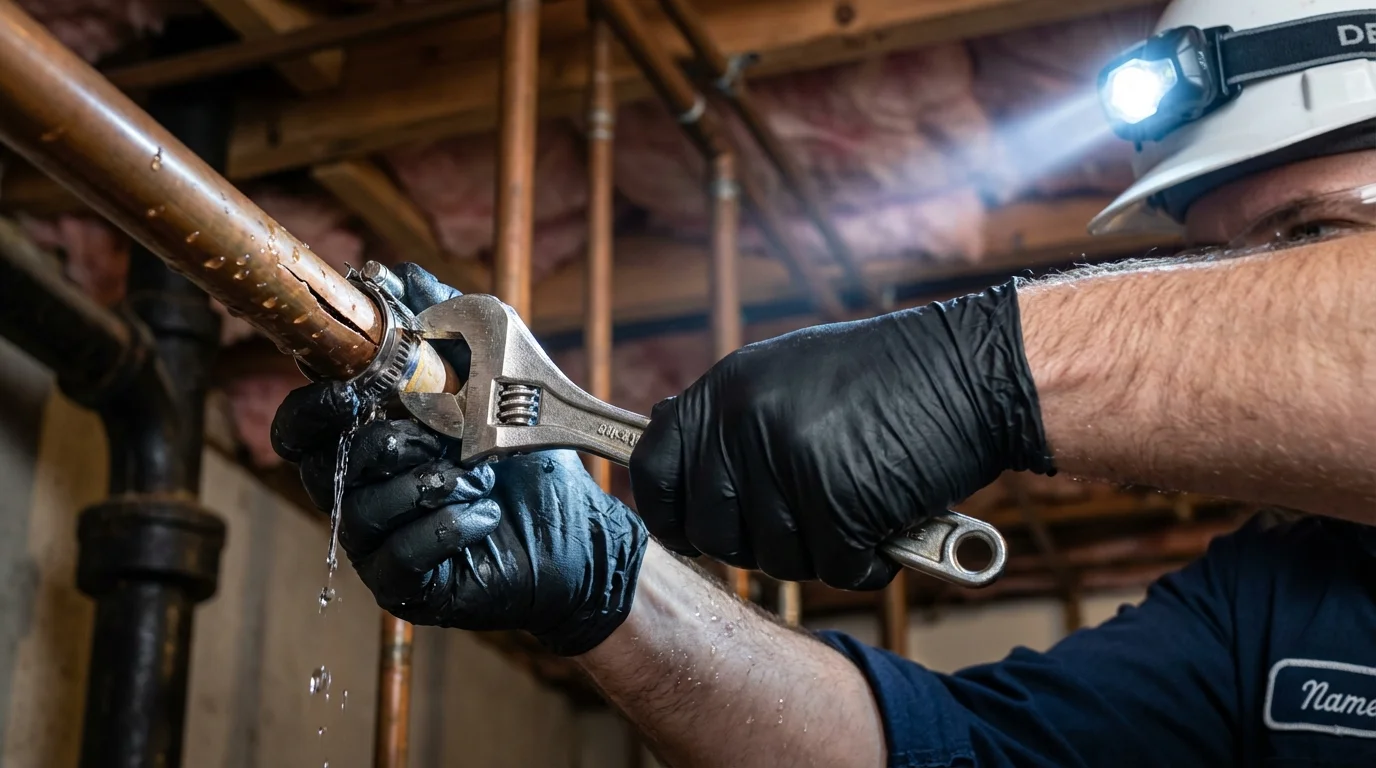 Emergency pipe clamp repair being performed by a Johns Plumbing LLC plumber in Ephrata