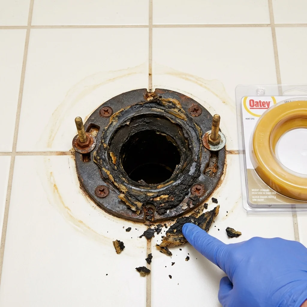 Failed wax ring showing water seepage at the base of a toilet in a Ephrata, WA home