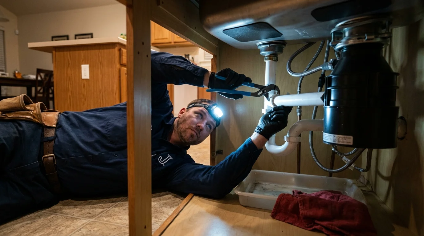 P-trap and supply line connections under a kitchen sink showing a common leak point in Ephrata, WA